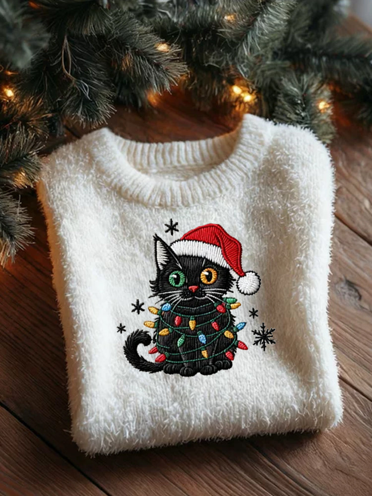 Comstylish Christmas Little Black Cat Round Neck Sweater