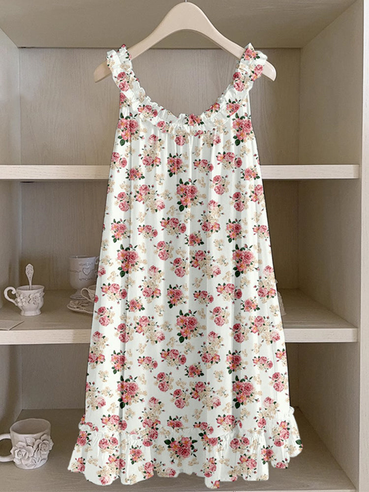 Vintage Cottagecore Floral Ruffle Trim Linen Dress elevenforest