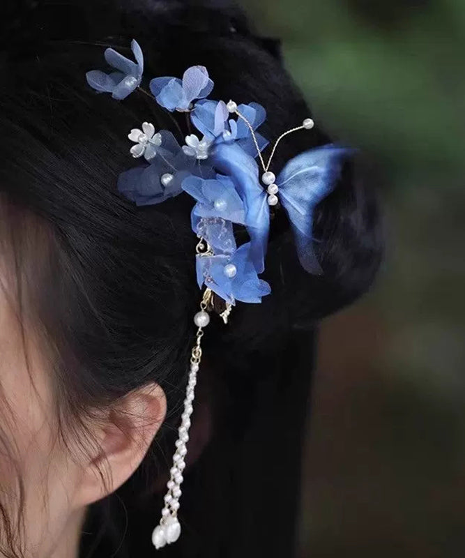 Chinese Style Blue Alloy Silk Pealr Tassel Hairpin