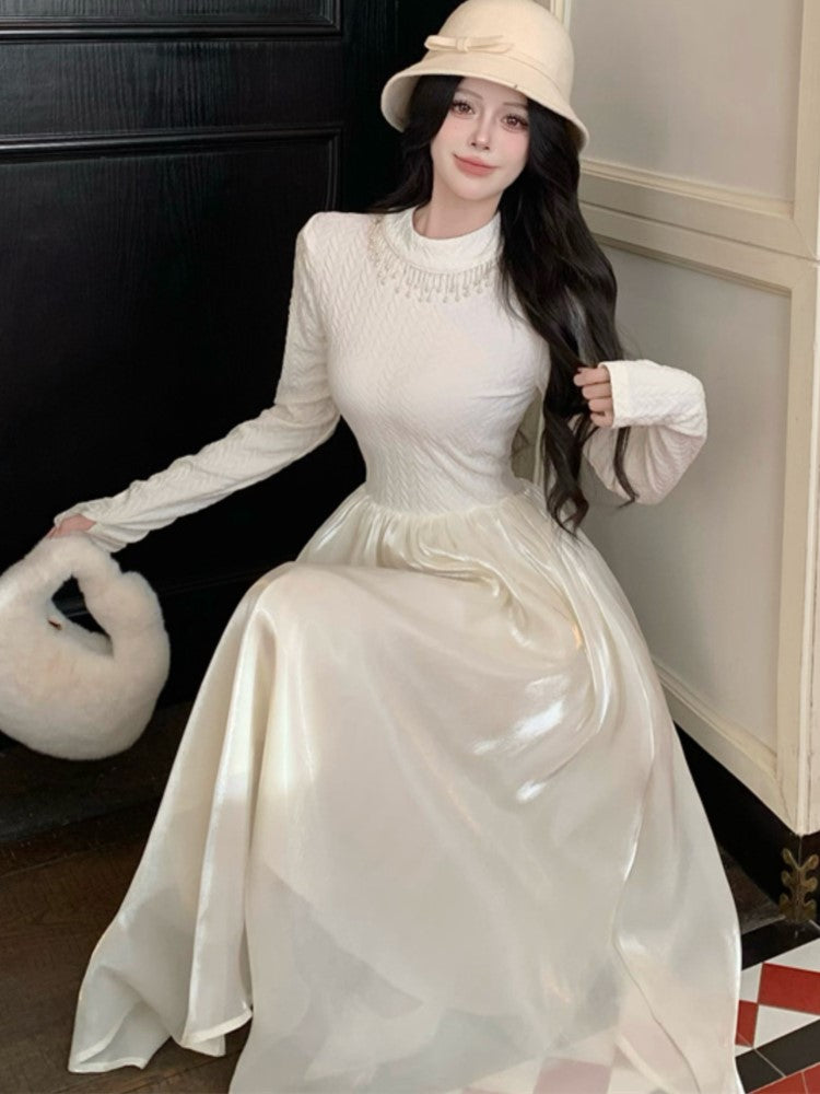 French Midi Dress Patchwork O-neck Long Sleeve Autumn Spring A-line Evening Party Prom Robe Wedding Vestidos Mujer