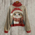Comstylish Cute Christmas Cat Print Turtleneck Knitted Sweater