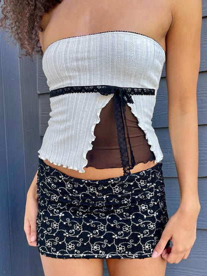 Taruxy Splice Mesh Slim Crop Tops for Sleeveless Off Shoulder Backless Top Bow Bandage Short Tees Femme
