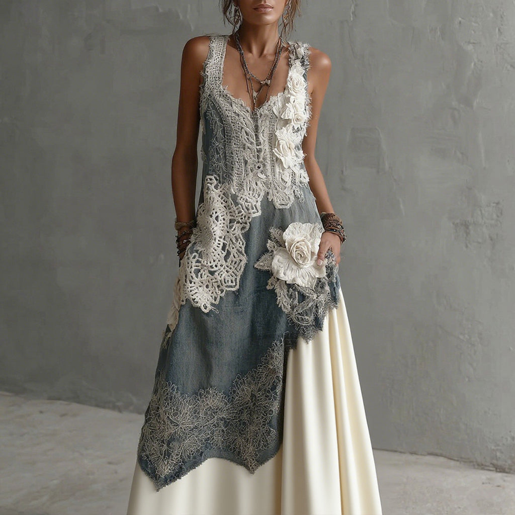 Women's White Rose Embroidered Gradient Casual Sleeveless Dress elevenforest