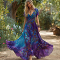 Women's Vintage Rose Floral Gradient Elegant V-neck Dress