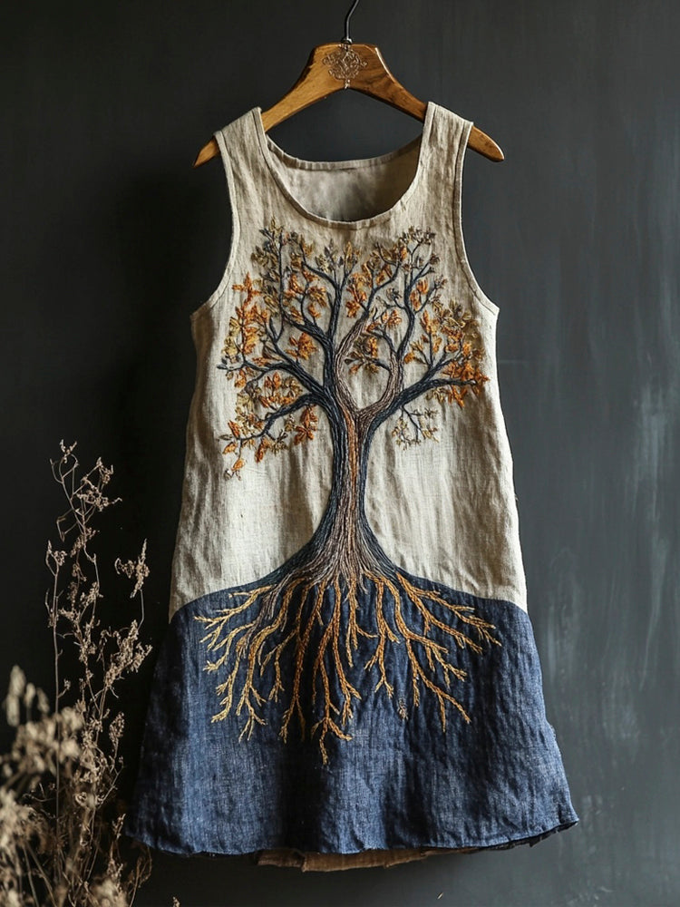 Tree Of Life Embroidered Vintage Art Women's Linen Vest Dress elevenforest