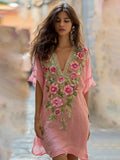 Bohemian Style Three-dimensional Flower Embroidery Vintage Tie-dye Gradient V-neck Short-sleeved Long Dress elevenforest