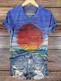 Women's Sunset Art Print V-Neck Casual T-Shirt