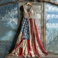 Vintage Independence Day Flag Floral Patchwork Print Comfort Dress elevenforest