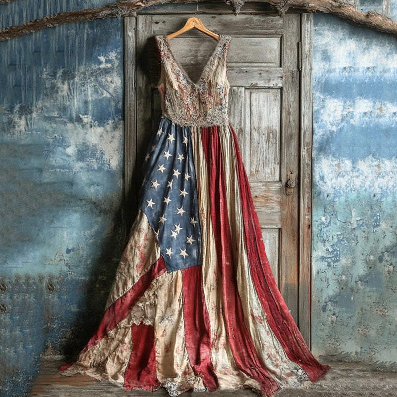 Vintage Independence Day Flag Floral Patchwork Print Comfort Dress elevenforest