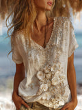 Ladies' Vintage Embroidered Short-sleeved Shirt