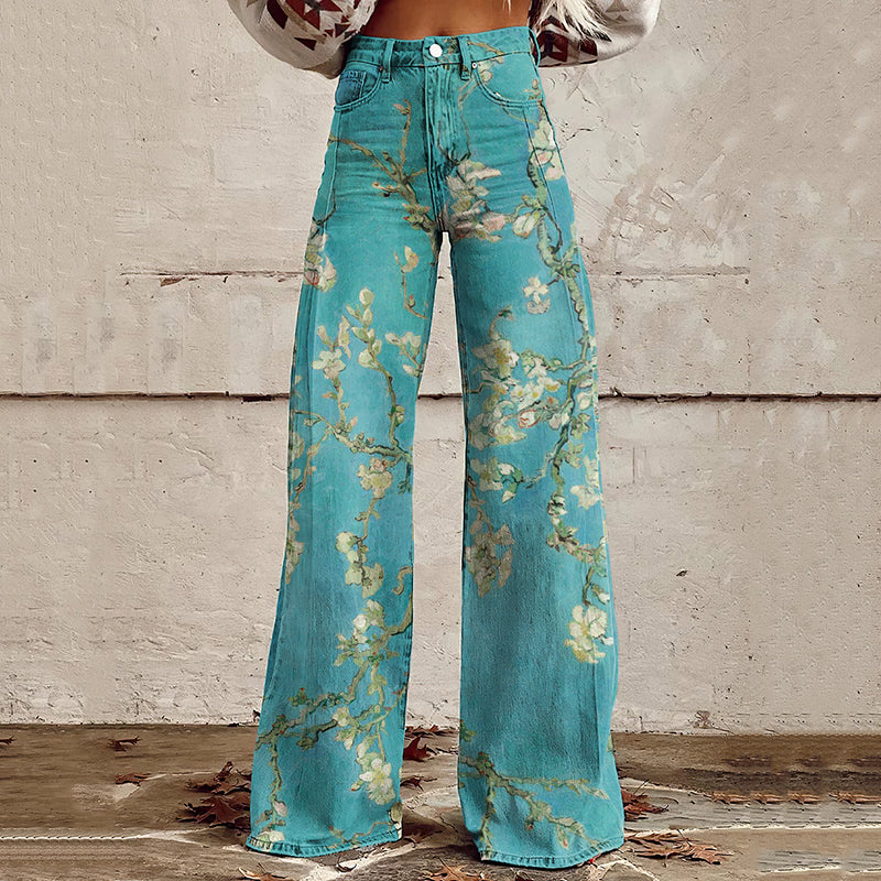 Women'S Vintage Flowers Print Casual Wide Leg Jeans elevenforest