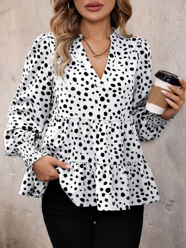 Long Sleeves Loose Elasticity Polka-dot Split-joint V-neck Blouses&shirts Tops