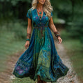 Vintage Gradient Blue Rose And Floral Embroidered Linen Maxi Dress elevenforest