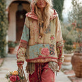Women's Vintage Floral Patchwork Print Casual Hoodie elevenforest