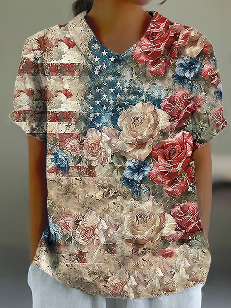 Comstylish Women's Vintage Independence Day Flag Floral Print Cotton And Linen Casual Shirt