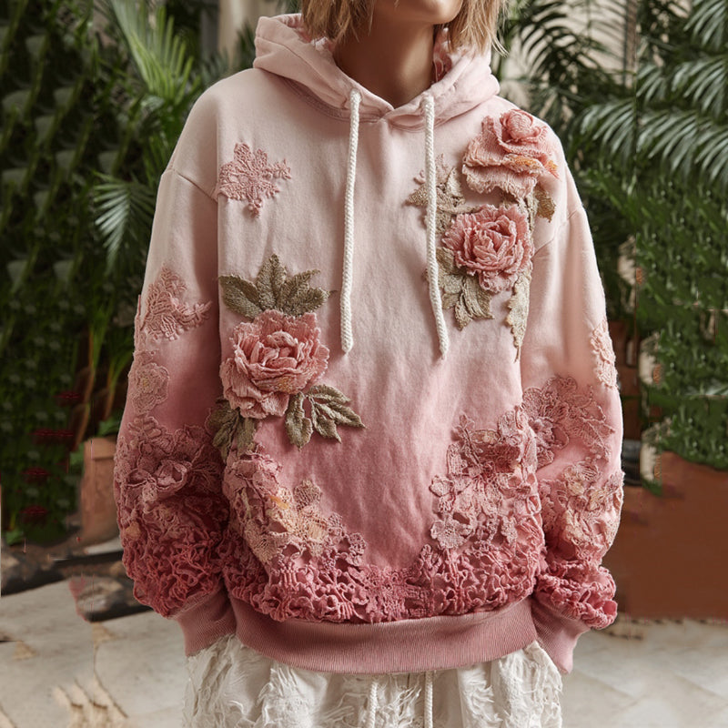 Vintage Rose Floral Gradient Art Linen Long Sleeve Hoodie elevenforest