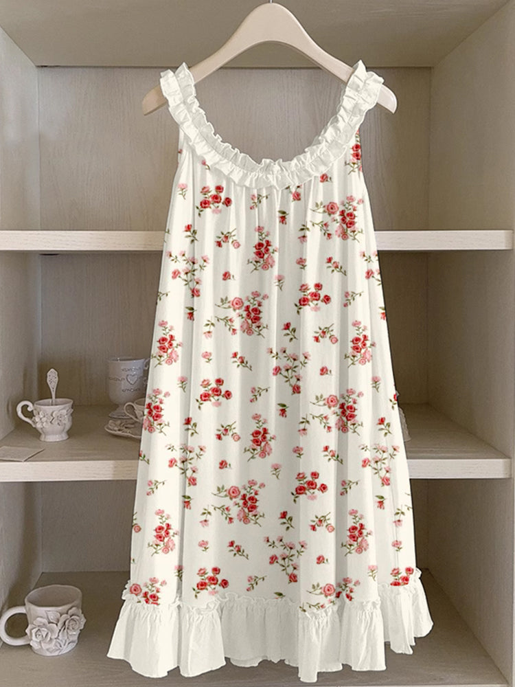 Vintage Cottagecore Floral Pattern Ruffle Trim Linen Dress elevenforest