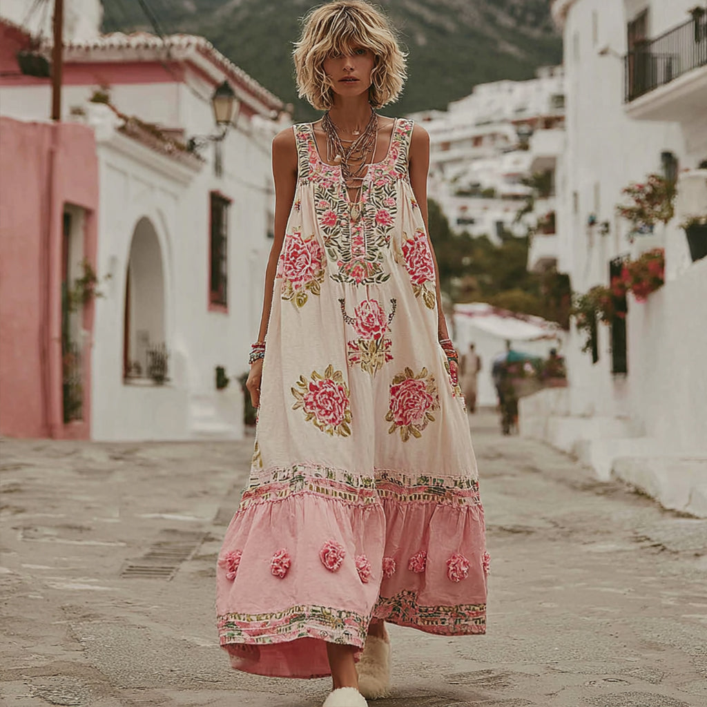 Women's Pink Rose Embroidery V-neck Loose Linen Blend Maxi Dress elevenforest