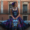 Classy Day Of The Dead Sugar Skulls Glitter Roses Linen Maxi Dress elevenforest