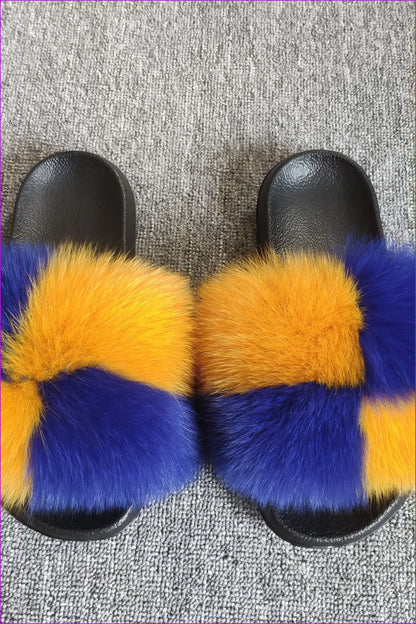 Super Fluffy Dark Yellow and Royal Blue #1 Fox Full-pelt Fur Sliders Df035