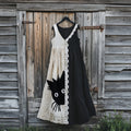 Cute Black Cat Embroidered Art Linen Contrast Color Sling Dress elevenforest