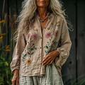 Bohemian Linen Floral Art Print Long Sleeve Loose  Shirt elevenforest