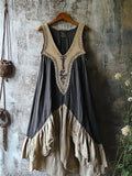 Vintage Lace Patchwork Ruffle Bottom Linen Tank Dress elevenforest