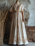 Lammas Wheat Embroidered V Neck Linen Maxi Dress elevenforest