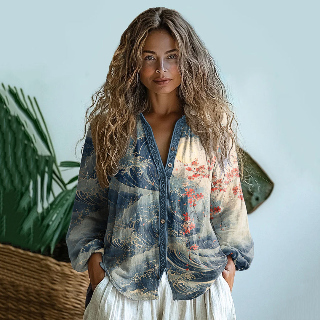 Comstylish Bohemian Style Linen Blossom Waves Art Print Long Sleeve Shirt