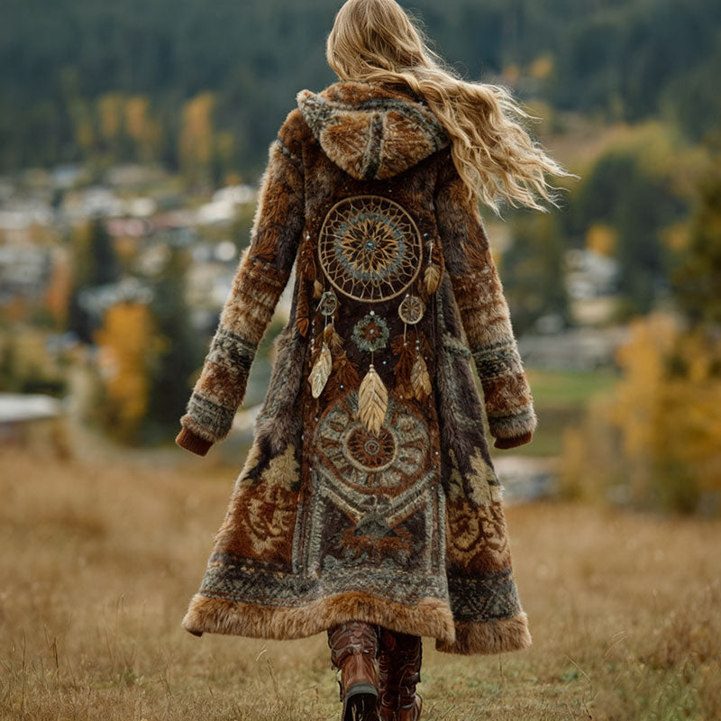 Vintage Ethnic Dreamcatcher Pattern Plush Hooded Coat elevenforest