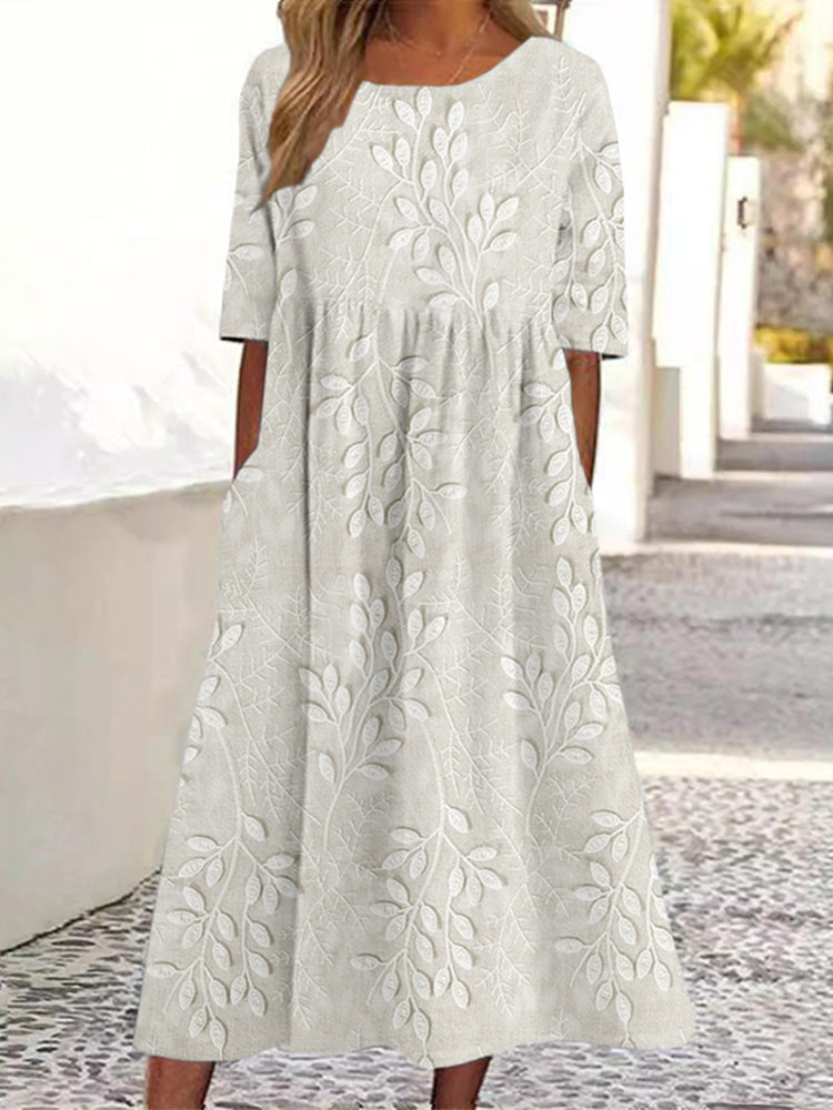 Vintage Leaves Embroidered Linen Blend Maxi Dress elevenforest