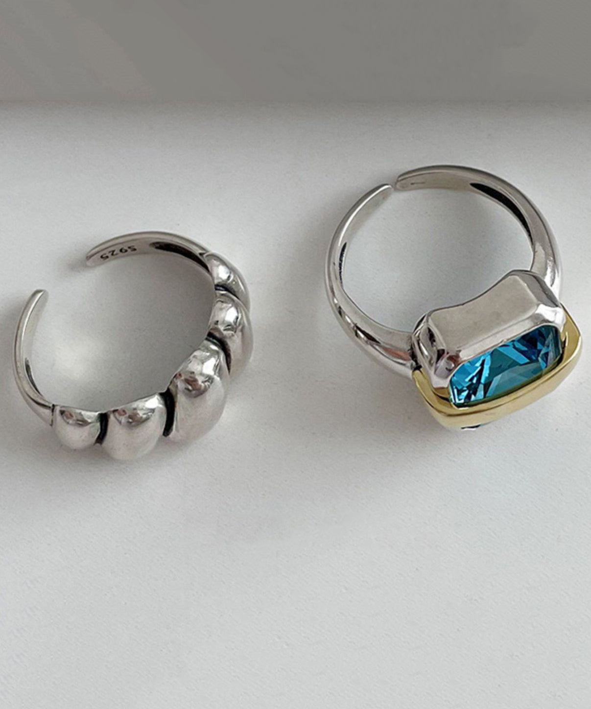 Blue Sterling Silver Square Gem Stone and Wrinkled Two Piece Set Rings