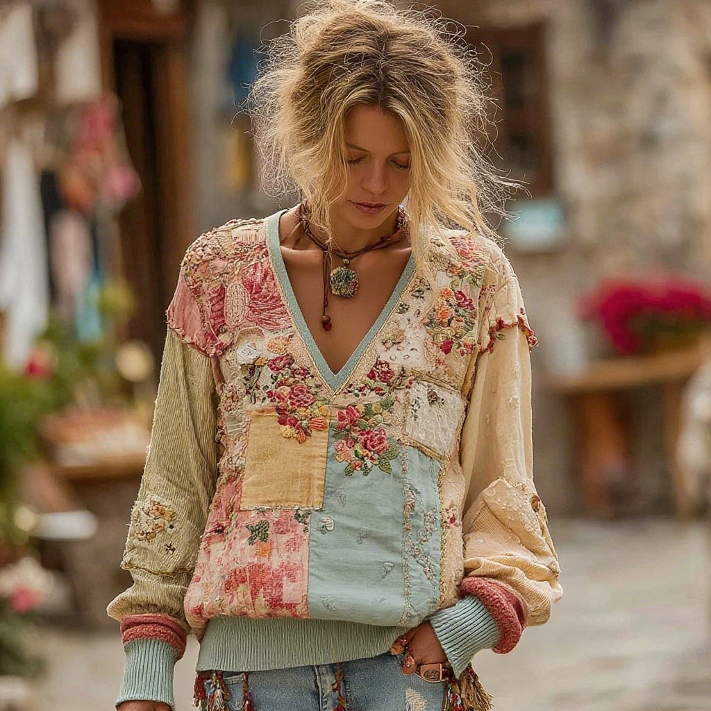 Women's Retro Bohemian Floral Stitching Comfortable V-neck Sweatshirt elevenforest