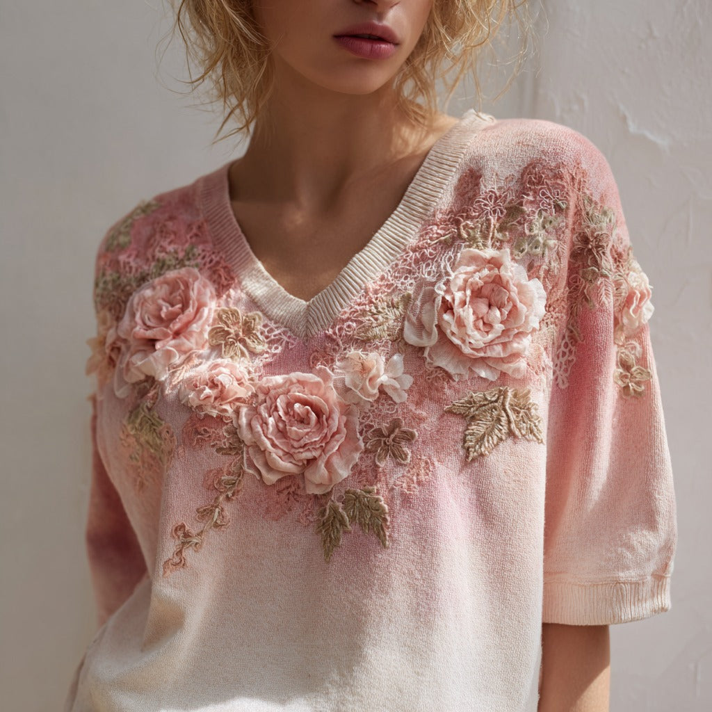 Women's Fashion Rose Embroidery Gradient Cotton V Neck T-shirt elevenforest