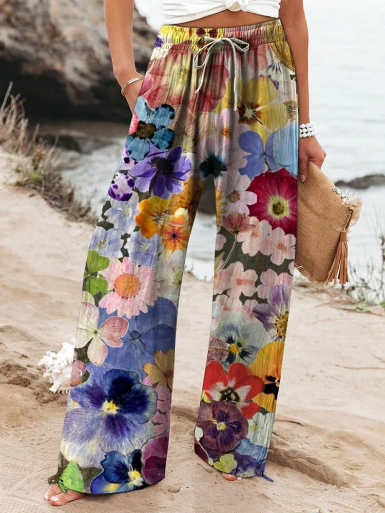Women's Vintage Floral Print Wide Leg Pants elevenforest