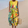 Women's Vintage Flower Bird Art Print Sleeveless Dress elevenforest