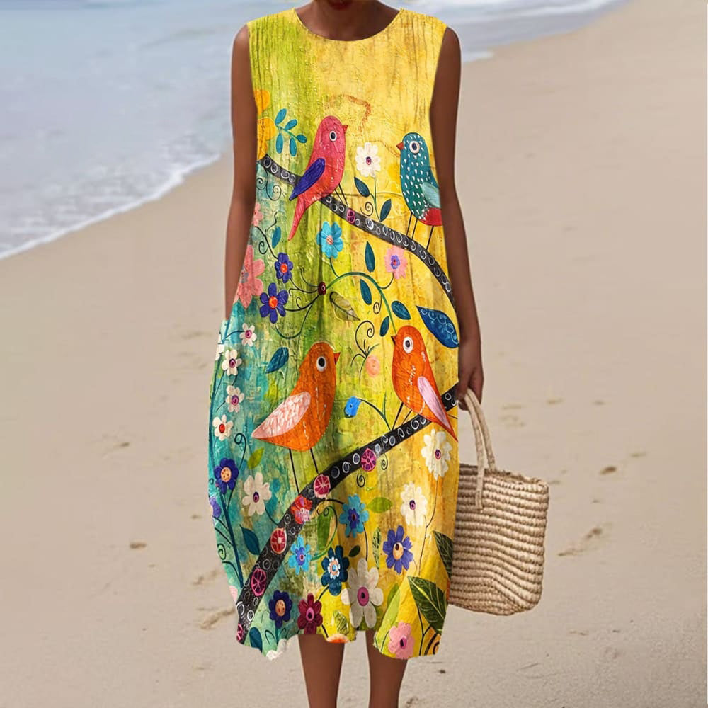 Women's Vintage Flower Bird Art Print Sleeveless Dress elevenforest