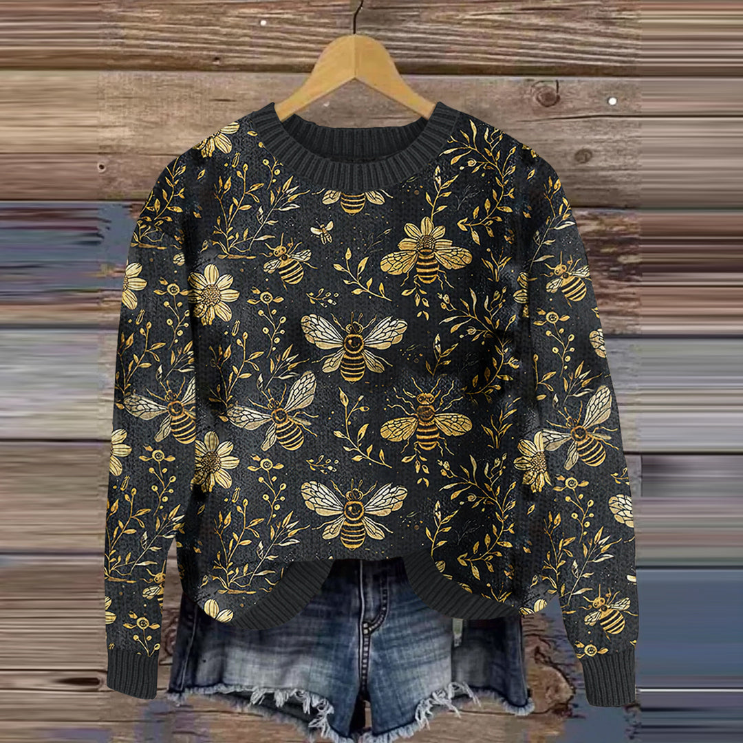 Vintage Bees And Flowers Botanical Art Cozy Knit Sweater artswardrobe