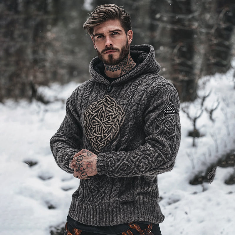 Men's Vintage Viking Jacquard Cozy Knit Hooded Sweater artswardrobe