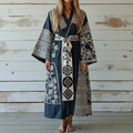 Women's Japanese Traditional Sashiko Art  Linen V-neck Robe elevenforest