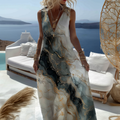 Vintage Marble Texture Collection Retro Bohemia Women Style Gradient Gilded Pattern Linen Maxi Dress elevenforest