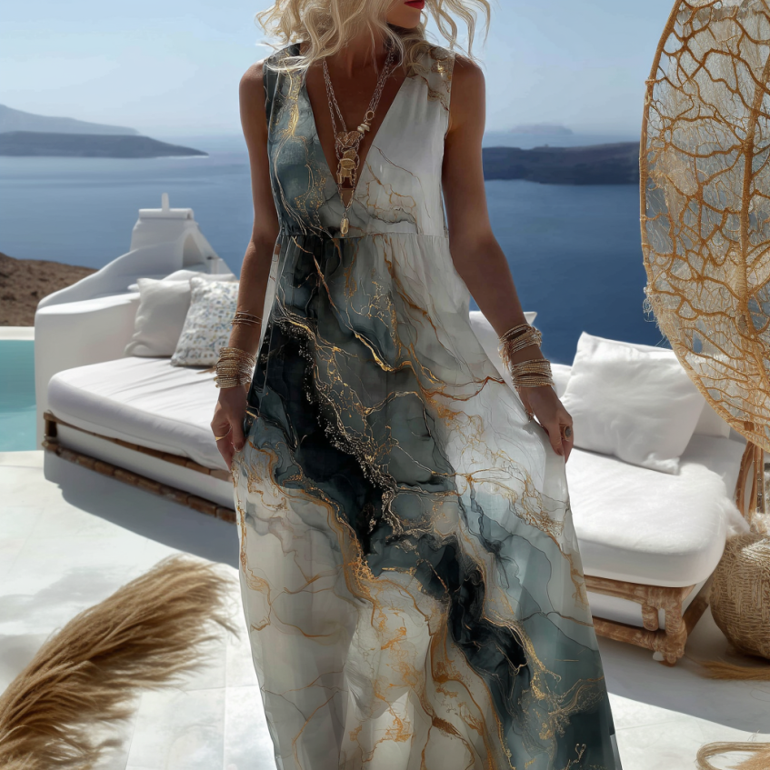 Vintage Marble Texture Collection Retro Bohemia Women Style Gradient Gilded Pattern Linen Maxi Dress elevenforest
