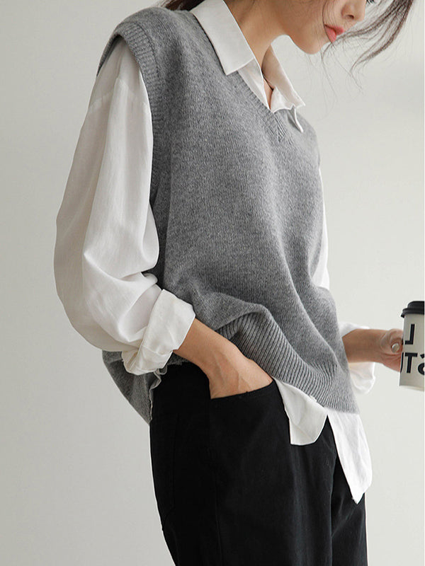 Loose Sleeveless Color V-neck Sweater Vest Outerwear
