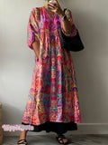 Colorful Ethnic Pattern Printed Women's Pocket V-Neck Cotton Dress