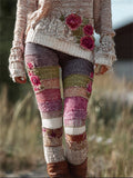 Vintage Pink Roses Colorblock Stitched Cozy Knit Leggings elevenforest