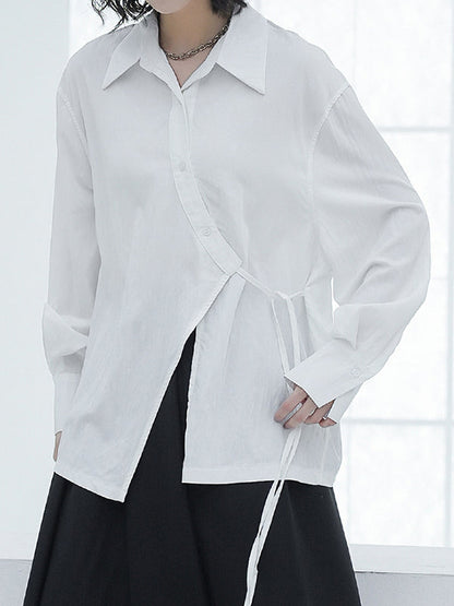 Loose Puff Sleeves Asymmetric Lace-up See-through Color Split-joint Lapel Blouses
