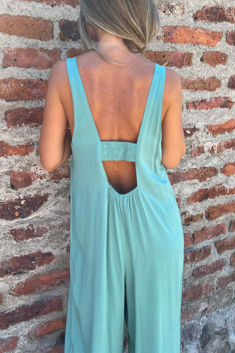 Pocket Buttons Backless U Neck Boot Cut Jumpsuits(3 Colors)