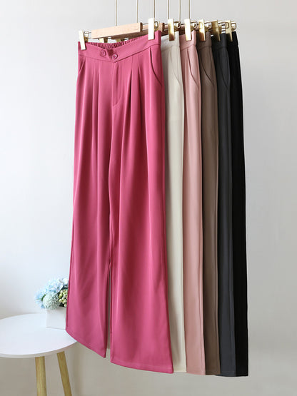 Wide Office Trousers for High Waist White Straight Stacked Pants With Pockets Double-button Classic ’s Trousers