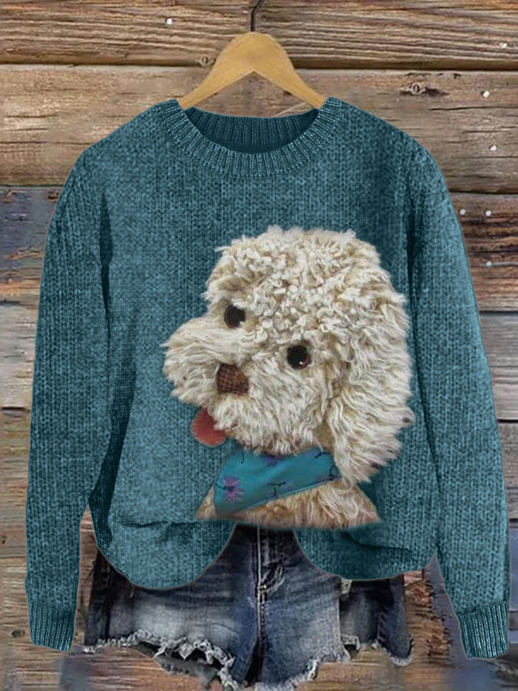 Comstylish Fuzzy Dog Plush Patchwork Knit Sweater
