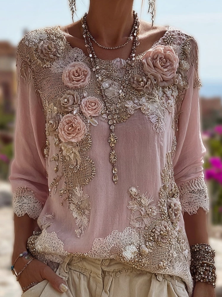 Boho Pink Roses Lace Round Neck Comfy Linen Tunic elevenforest